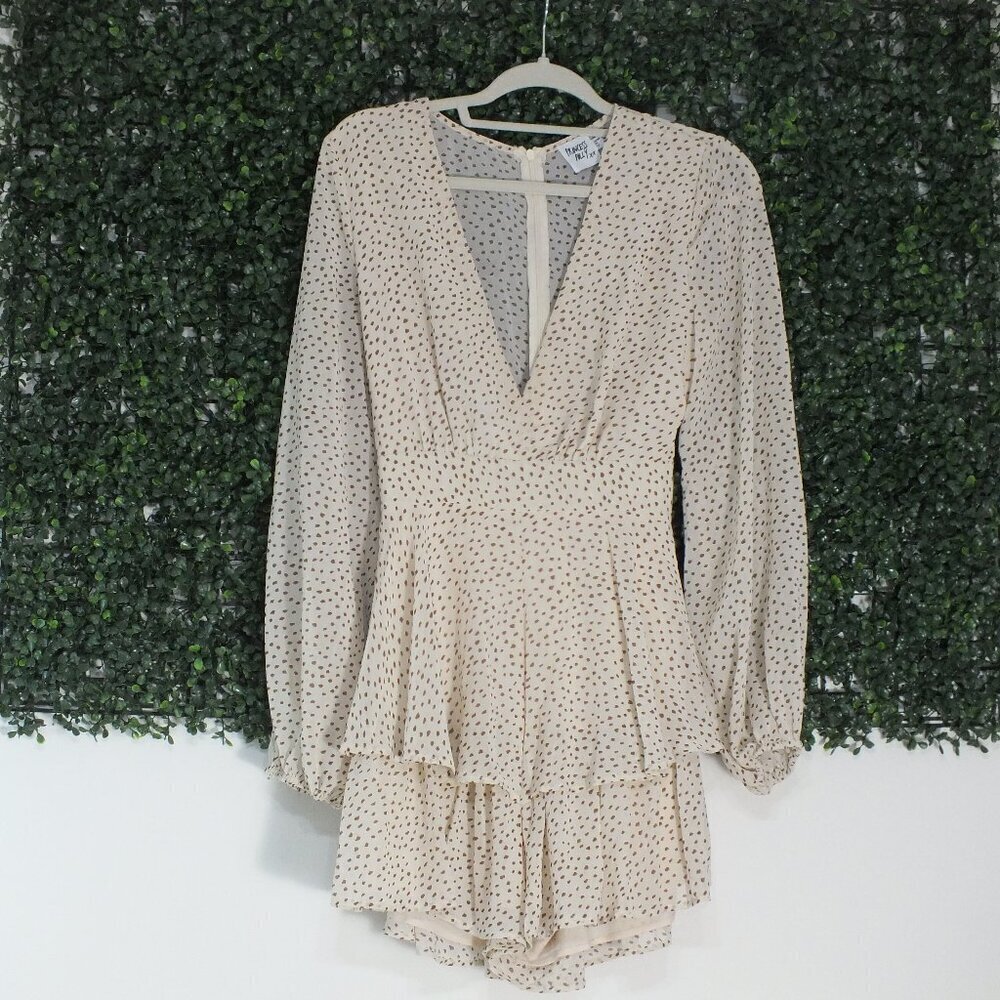 PRINCESS POLLY Women Beige STRING OF LOVE ROMPER Tie Zip Sheer V-Neck Size 10